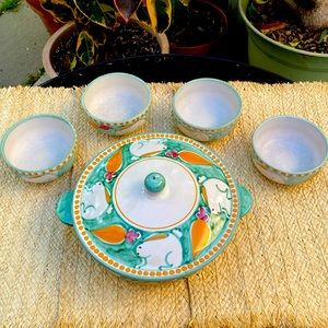 Solimene Vintage set of rabbit bowls and Casserole Lidded Baking dish, #Easter